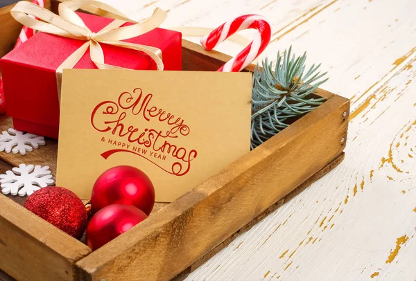 Χριστουγεννιάτικο Στοιχείο Για Σχεδιασμό Ξύλινο Κουτί Κόκκινα Κουτιά Δώρου Κορδέλα — Φωτογραφία Αρχείου