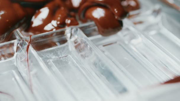 Cooking Chocolate Bars. Filling polycarbonate molds with liquid chocolate. Slow Motion. — Stock Video