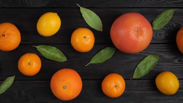 Цитрусовые: лимон, грейфрут, мандарин, апельсин, лайм на темно-сером деревянном фоне. Вид сверху. 4k video.Camera движение справа налево — стоковое видео