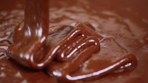 Putting chocolate dough on a baking sheet covered with parchment for baking cake — Stock Video