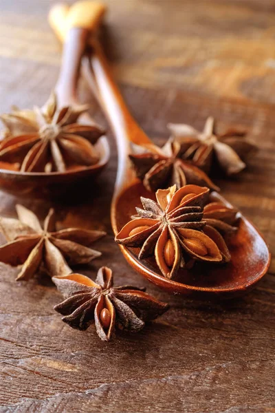 Anise Stars Wooden Spoon Wooden Table Close Food Concep — Stock Photo, Image