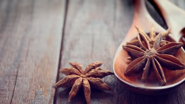 Anise stars in a wooden spoon on a wooden table. Close-up. Food concept.Camera motion — Stock Video