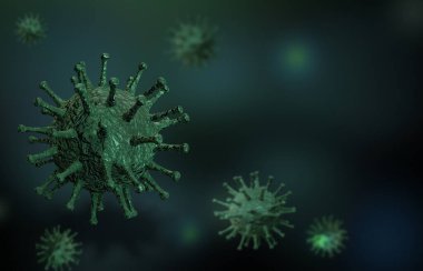 3 boyutlu illüstrasyon. Koyu bir arka planda Coronovirus COVID-19. Metin için yer.