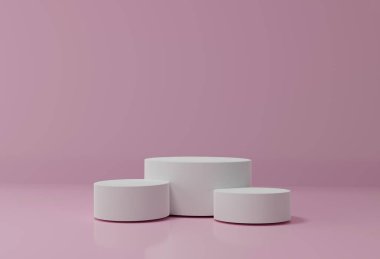 3 boyutlu resimleme. Pembe minimal sahne, kozmetik ürün sunumu için podyum. Pastel renklerde geometrik podyum platformu olan soyut bir arkaplan. Tasarım, sunum ve 3D reklam şablonu.