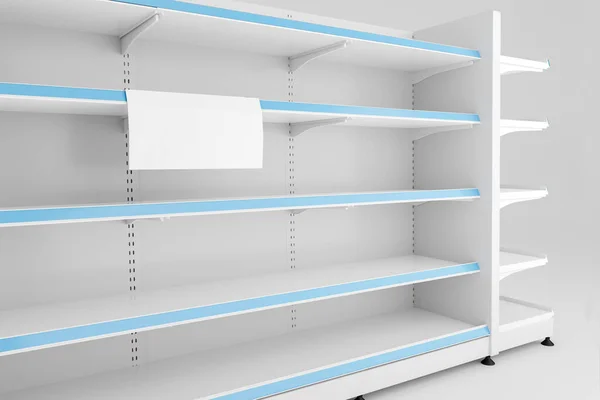 Empty store shelves, food racks. A sheet of paper attached to a shelf. Place for text. 3d illustration. commercial; economy; exhibition; marketing; merchandise; presentation; price; problem; promotion; shopping; stand; three-dimensional; warehouse; b