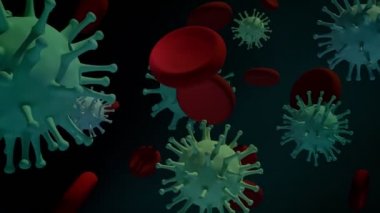 Karanlık bir arka planda virüs ve hemoglobin. COVID-19. 2019-NCoV yayılıyor. 3D video. Döndürme. Salgın ve virüs salgını. Tıbbi sağlık konsepti. Hazırla