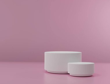 3 boyutlu resimleme. Pembe minimal sahne, kozmetik ürün sunumu için podyum. Pastel renklerde geometrik podyum platformu olan soyut bir arkaplan. Tasarım, sunum ve 3D reklam şablonu.