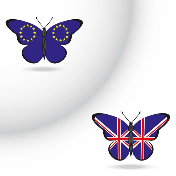 蝴蝶与欧盟和英国的国旗 — 图库矢量图片