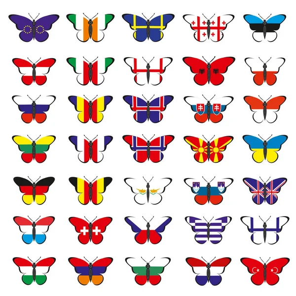 Тридцать пять бабочек с флагами европейских стран — стоковый вектор