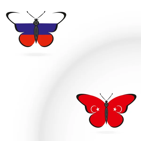 蝴蝶与俄罗斯和土耳其国旗 — 图库矢量图片