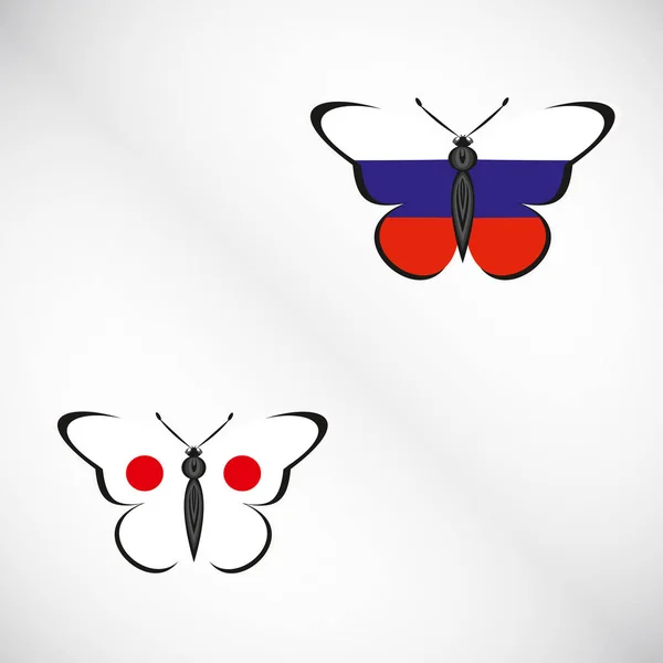 蝴蝶与俄罗斯和日本的旗帜 — 图库矢量图片
