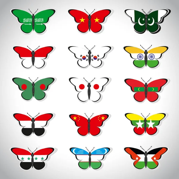 Patnáct motýli s vlajkami asijských zemí — Stockový vektor