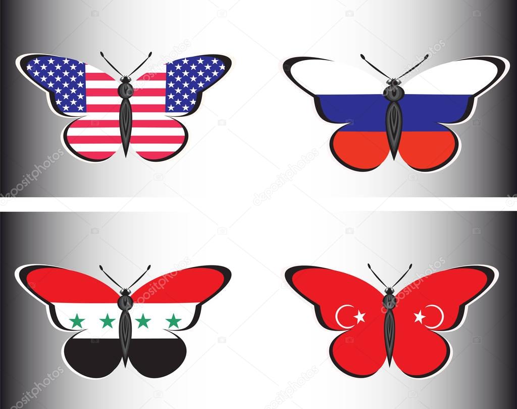 Butterflis with flags of Russia, USA, Syria and Turkey