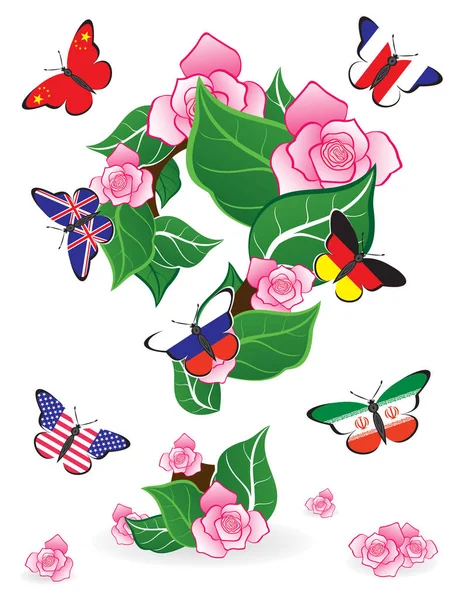 Butterflies with flags of countries and floral question mark from — Stock Vector