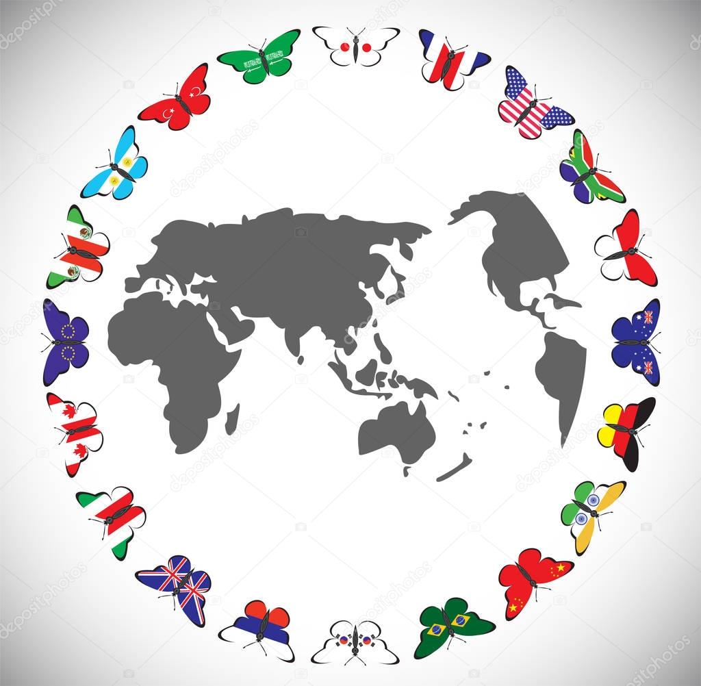 Butterflies with flags of countries