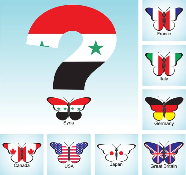 質問 7、シリアの国グループのフラグと蝶 — ストックベクタ