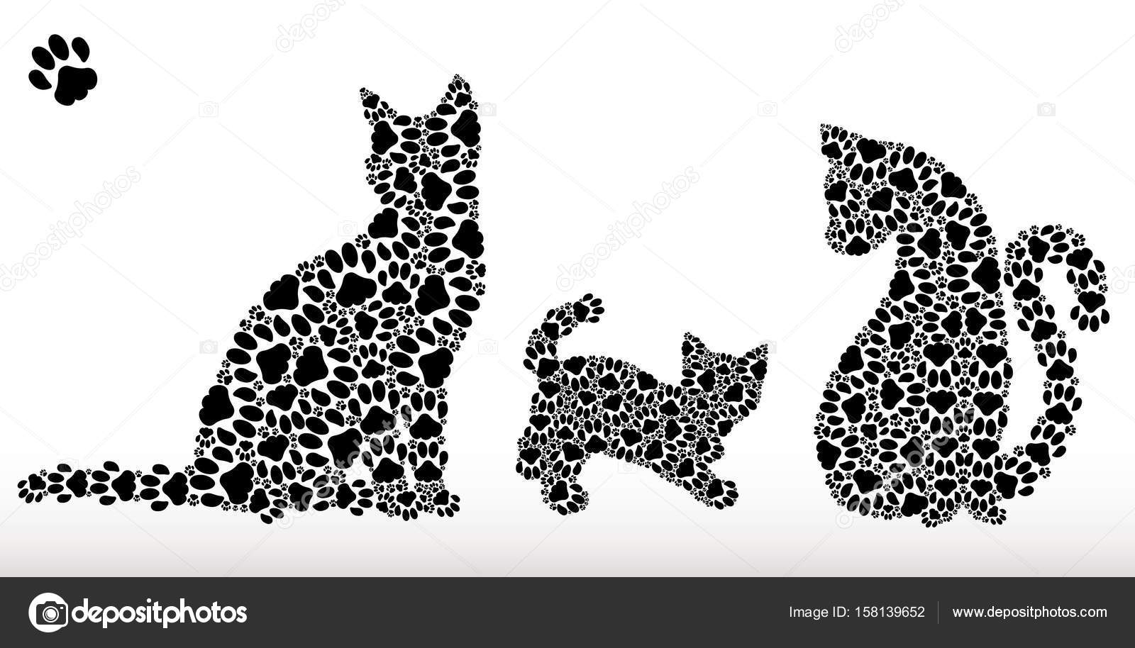 Siluette Dei Gatti E Cuccioli Di Tracce Di Zampe Di Gatto
