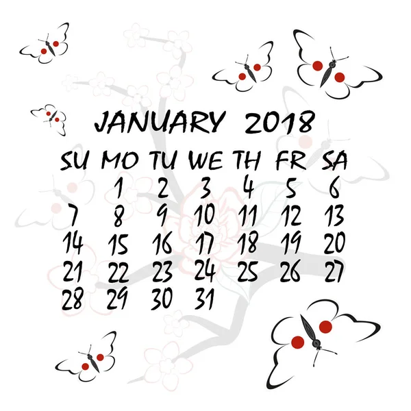 Calendar for 2018. Japanese style. The month of January — Stock Vector