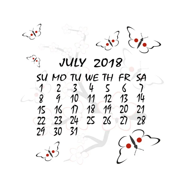 Calendário para 2018. Estilo japonês. O mês de julho — Vetor de Stock
