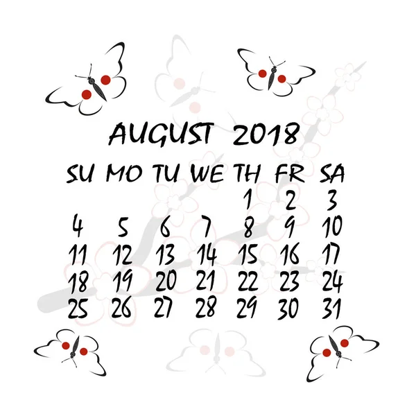 Calendar for 2018. Japanese style. The month of August — Stock Vector