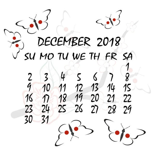 Calendar for 2018. Japanese style. The month of December — Stock Vector