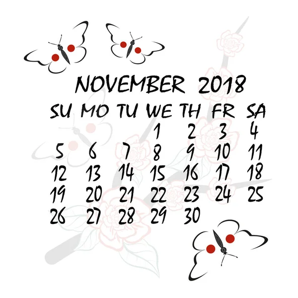 Calendar for 2018. Japanese style. The month of November — Stock Vector