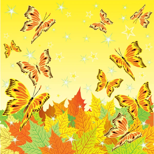 Autumn background with fall leaves and butterflies — Stock Vector