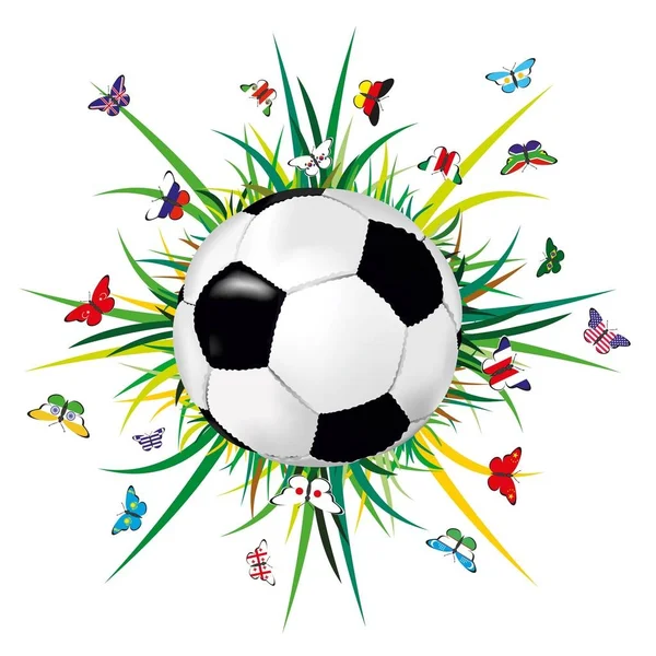 Minge de fotbal pe fundal de iarbă și fluturi cu steaguri ale țărilor — Vector de stoc