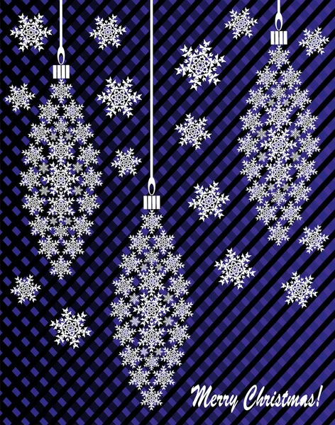 Új év, vagy karácsonyi játék készült hópelyhek és szalag íj a kék-fekete háttér — Stock Vector