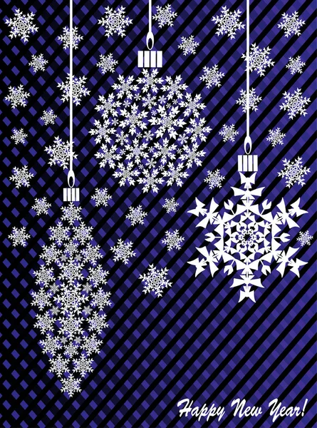 Nový rok nebo vánoční hračka vyrobená z sněhové vločky na modré a černé pozadí — Stockový vektor