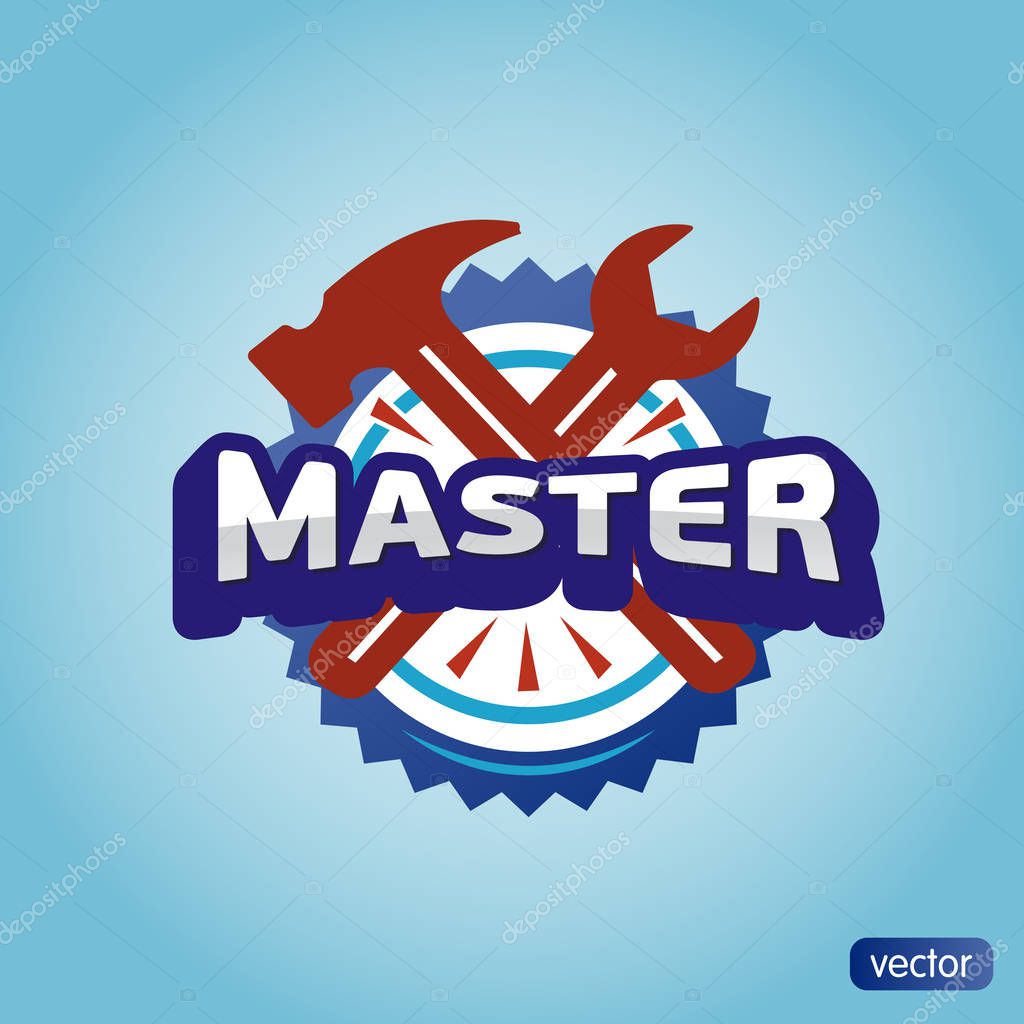 Logo Master lettering Brand symbol service mark on a light background. Vector illustration - text master, hammer and wrench. Repair of washing machines  footwear furniture.