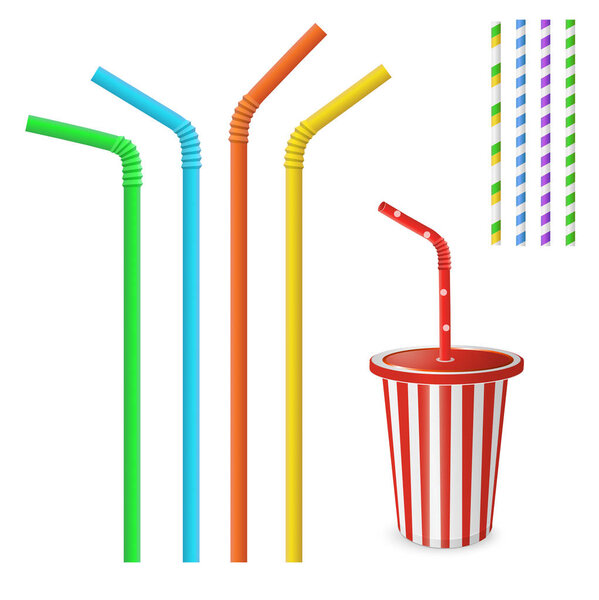 Straw for beverage. Striped and colorful straws. Drinking straws isolated on a white background. Plastic fastfood cup for beverages with straw.