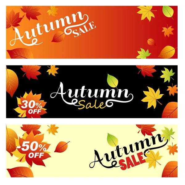 Establecer venta otoño. Banners brillantes en respaldo claro, naranja y negro — Vector de stock