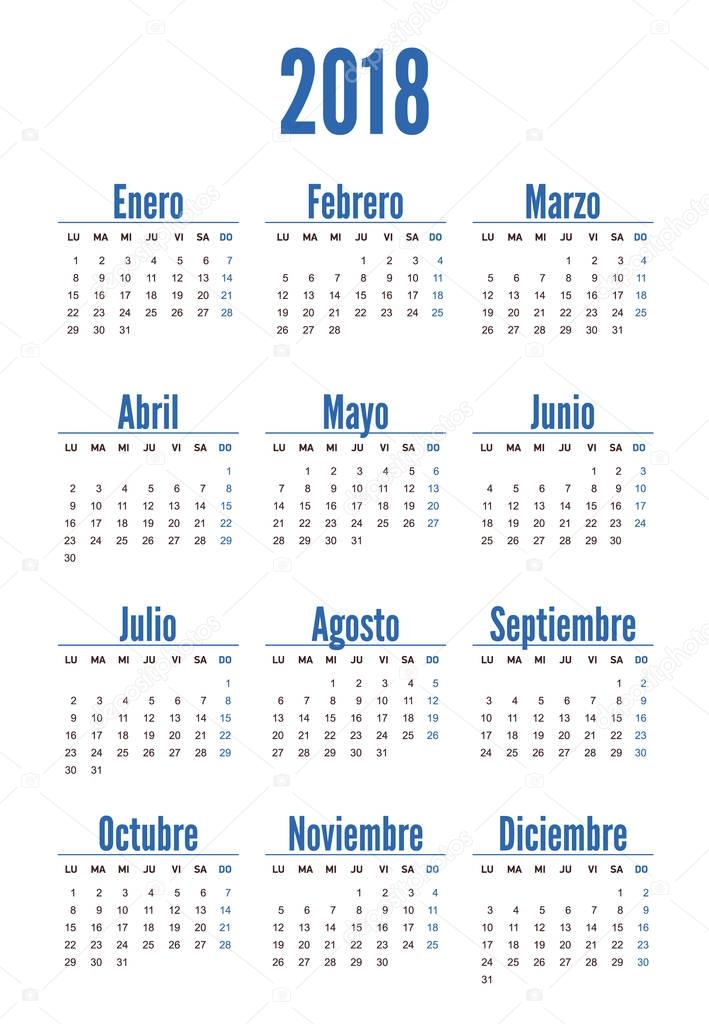 Spanish vertical calendar on 2018 year
