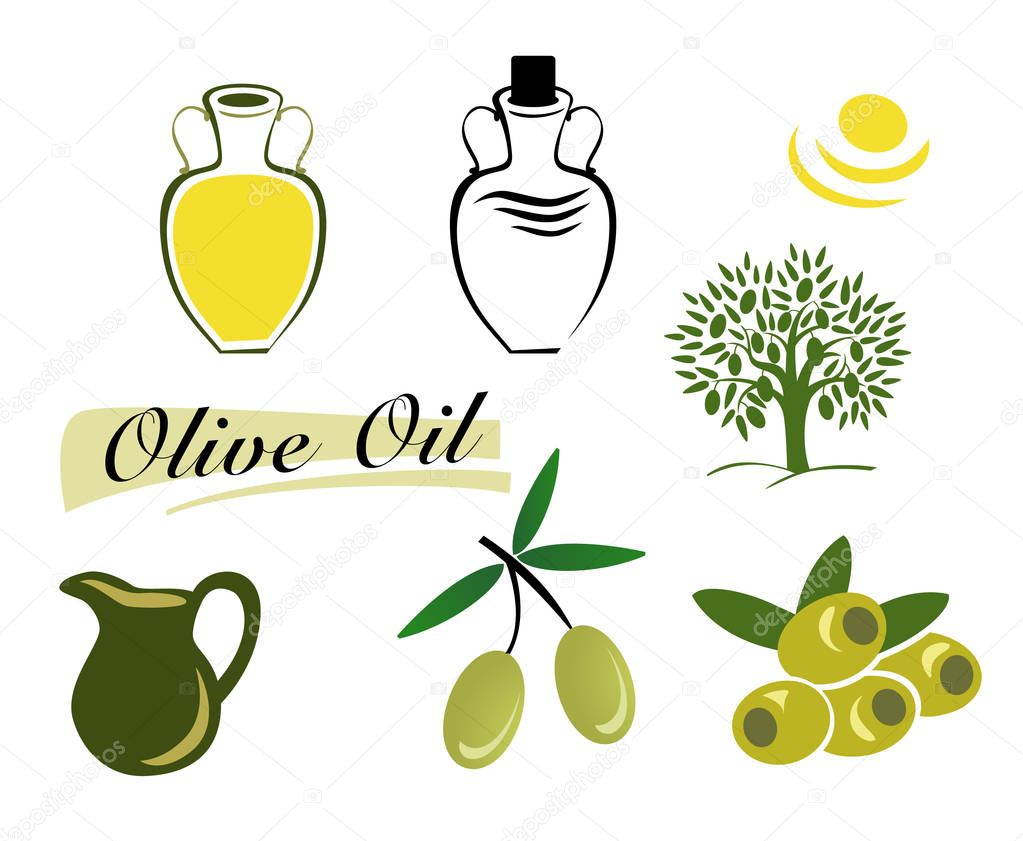 The set of elements of olive oil. Branch with green olives, Bottle of oil, the Olive tree. Vector illustration on a white background.