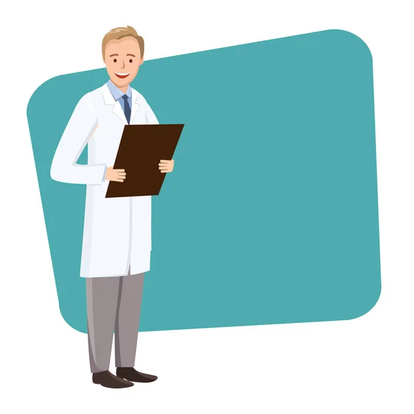 Médecin avec un dossier à la main sur un rectangle vert — Image vectorielle