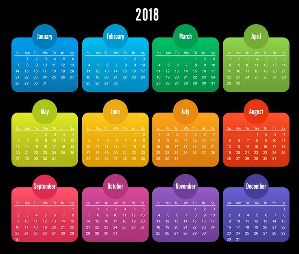 Calendrier 2018 conception de la couleur sur fond noir . — Image vectorielle