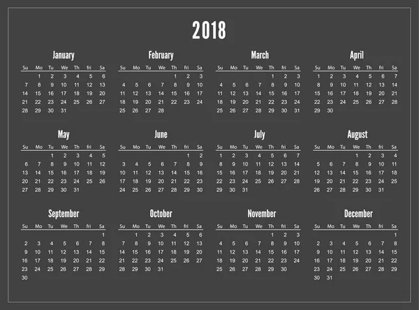 Jednoduché Kapesní kalendář roku 2018 na černém pozadí. — Stockový vektor