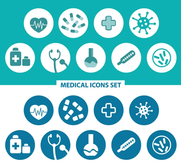 Conjunto de iconos médicos. Corazón, pastillas, cruz médica, bacterias, termo — Vector de stock