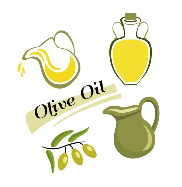 Reihe von Elementen aus Olivenöl. Zweig mit grünen Oliven — Stockvektor