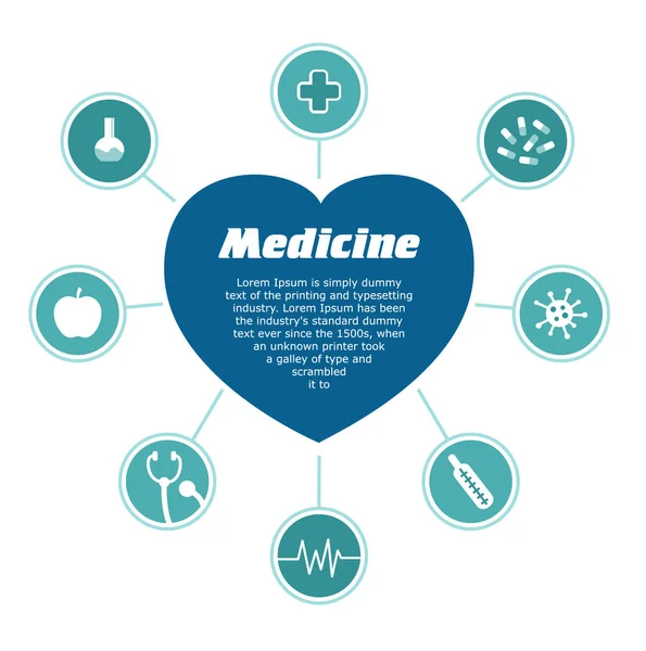 Infographie médicale sujets. Coeur avec texte à l'intérieur et 8 icônes — Image vectorielle