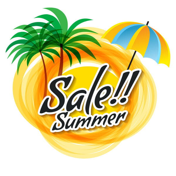 The yellow abstract sun with the summer sale text. Palm trees an