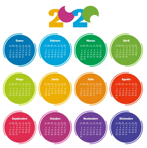 Kalendarz kieszonkowy, rok 2020 po hiszpańsku. Tęczowy krąg — Wektor stockowy