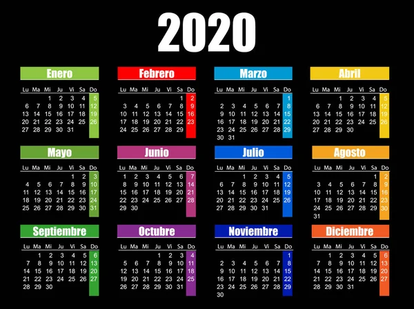 Calendrier horizontal de poche couleur sur 2020 année. , espagnol . — Image vectorielle