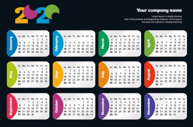 2020 yılının parlak modern yatay takvim şablonu. Hafta Pazar 'dan itibaren başlıyor.