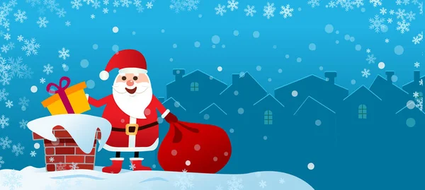 메리 크리스마스 전단지. 선물 가방을 들고 지붕 위에 있는 산타클로스, — 스톡 벡터