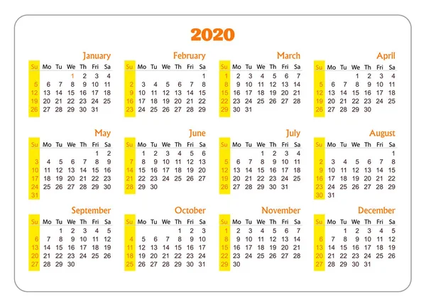 Calendario de bolsillo horizontal en 2020 año. Plantilla vectorial — Vector de stock