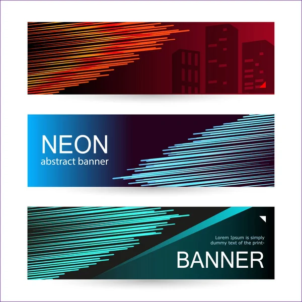 Set of horizontal dark banners with glowing lines of red, blue and green. Abstract vector background. — Stock Vector