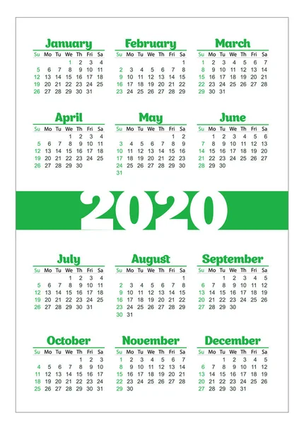 Calendario de bolsillo vertical en 2020 año. Plantilla vectorial — Vector de stock