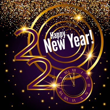 Altın metin, 2020 mutlu yıllar. Siyah zemin üzerinde uçan altın parçacıkları. 